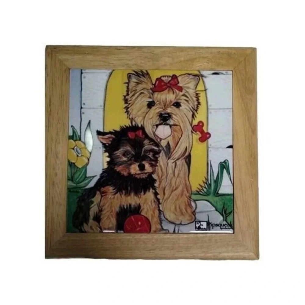 Mary Badenhop Yorkie Ceramic Tile Wall Art Framed‎ Yorkshire Terrier Decor